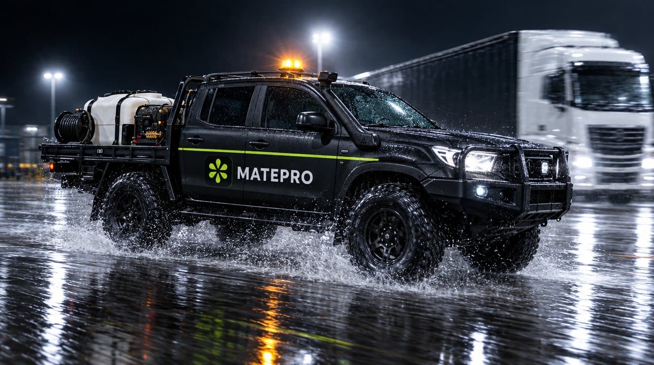 MatePro wash ute arriving at a truck depot at night